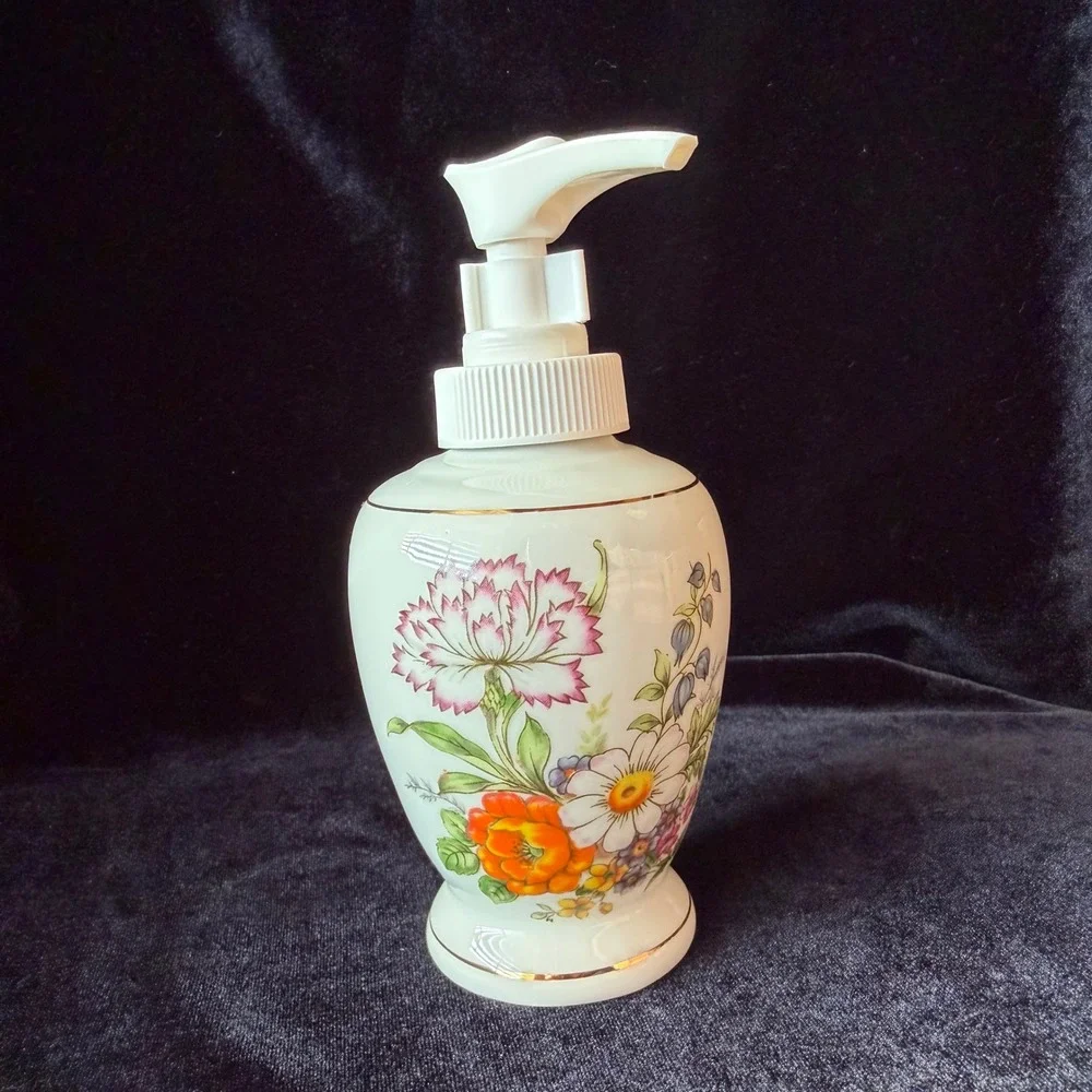 Vintage Interpur Fine Porcelain Floral Soap Lotion Dispenser Pump Gold Trim